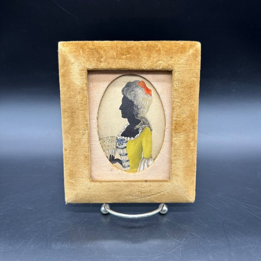 Antique English Regency Silhouette Print Yellow Velvet Frame Wall Hanging Mini - Picture 2 of 10